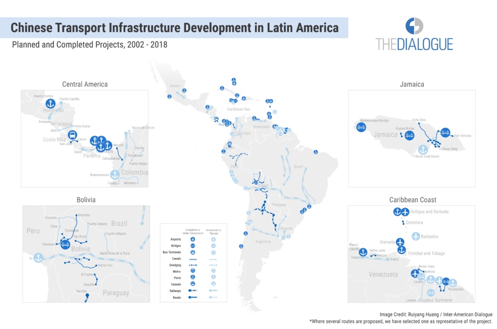 A map of Latin America and the Caribbean with infrastructure projects marked.