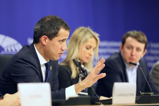 Juan Guaidó speaks on a panel at an event in Europe in January 2020