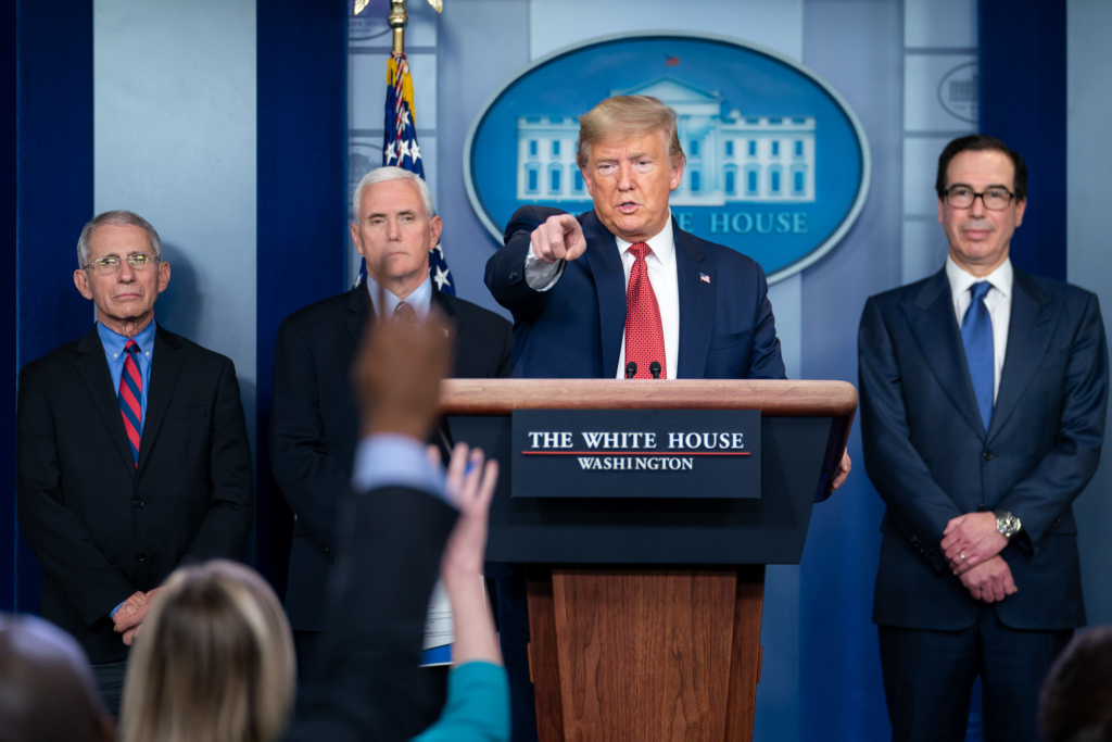 President Donald J. Trump points to a reporter with a question during the coronavirus (COVID-19) update briefing Wednesday, March 25, 2020