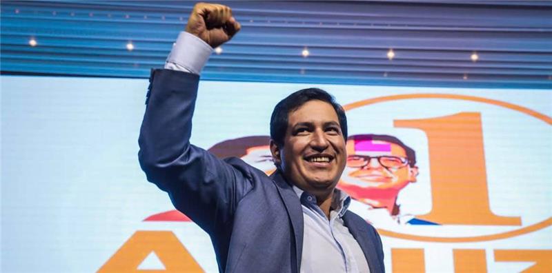 Ecuadorean presidential candidate Andrés Arauz celebration his first-round victory.