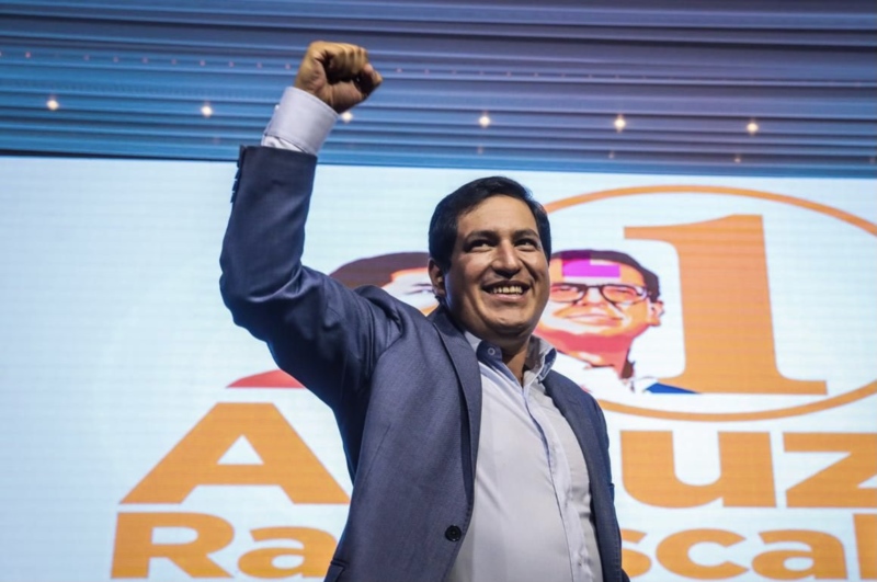 Ecuadorean presidential candidate Andrés Arauz celebrates his first-round victory.