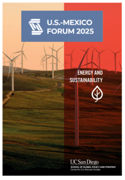 Cover of UCSD US-Mexico Forum 2025 Energy & Sustainability Report showing a wind farm
