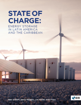 A report cover featuring wind turbines, solar panels, and large battery cells