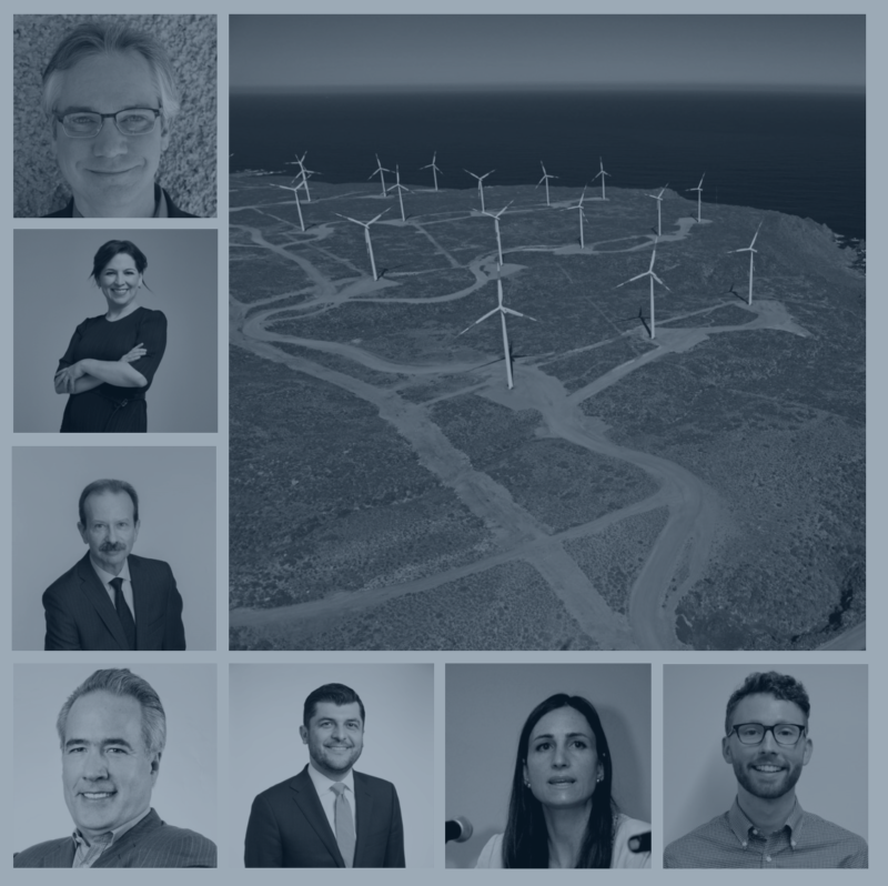 collage of speaker headshots and image of a wind farm
