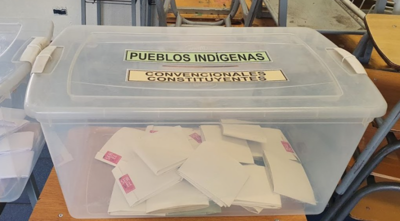 A ballot box from Chile's May 2021 election is pictured.