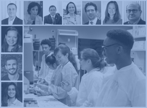 Collage of speaker headshots and image of dtudents working in a lab with teacher