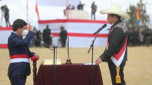 Peru’s new president, Pedro Castillo (R), swore in his prime minister, Guido Bellido (L), on July 29.
