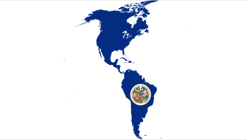 Blue map of the Americas with a logo of the Organization of American States