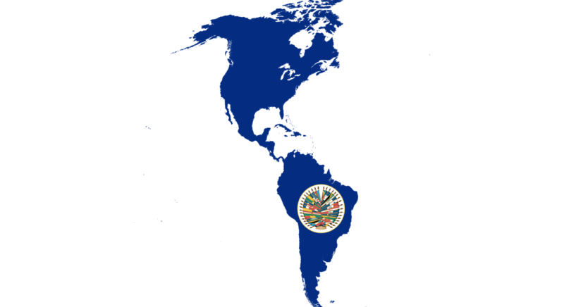 Blue map of the Americas with a logo of the Organization of American States