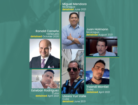 Event summary image with green background and the pictures of six detained journalists from Nicaragua, Venezuela and Cuba