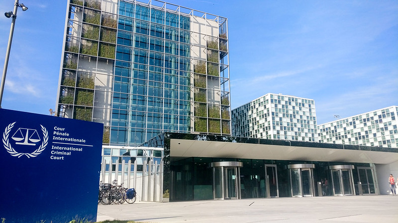 The International Criminal Court building with its front sign in the Hague