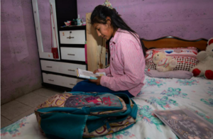 Margarita, studying at home during Ecuador's lockdown. 