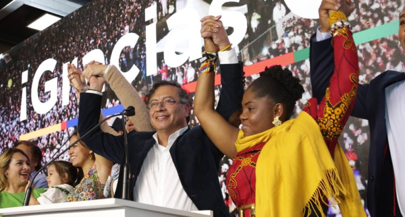 Leftist Gustavo Petro celebrated with his running mate, Francia Márquez, after their ticket received the most votes in the first round of Sunday’s presidential election in Colombia. They will face populist Rodolfo Hernández in the second round. // Photo: Petro Campaign.