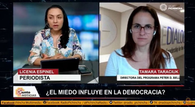 Image of TV screen during interview with Tamara Taraciuk Broner