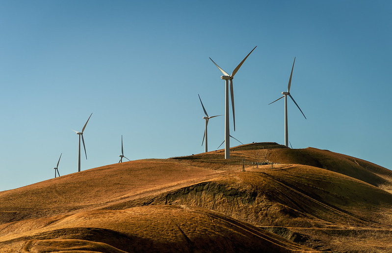 Photo of a wind turbine farm over a hill of golden grass.